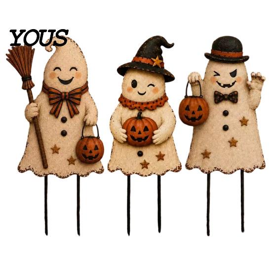 Fun Garden Decorations Halloween Cute Ghost Ground Stakes, Metal Yard Art Sculpture with Pumpkin/Broomstick Elements for Outdoor Decorative Ornaments