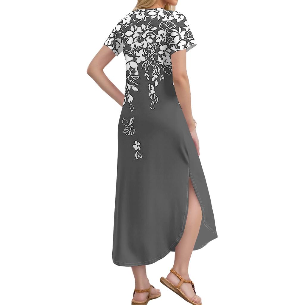 Women's Long Skirt Casual V-neck Long Shirt Dress Loose Slit Holiday Short Sleeve Dress