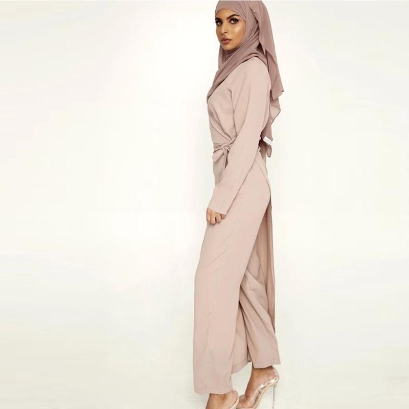 Muslimische Damenmode für Frische Einfarbige Overalls Kleider Abaya Dubai Türkei Islam Schnürung Hoher Bund Kleidung Langarm