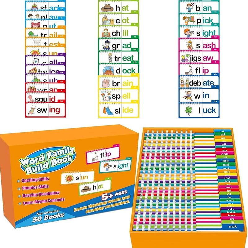 30 Lesen und Reimen Wendehefte, Wortfamilien Lernkarten, ABC Vokabelkarten, Pädagogische Lesespiele