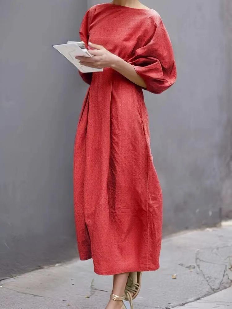 Женское повседневное элегантное длинное платье весна-лето, однотонное, свободного кроя, с круглым вырезом и пышными рукавами S красный