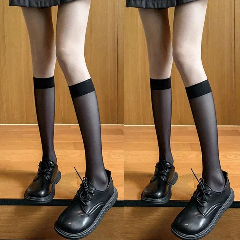 1/2pairs Lolita Silk Socks Knee Sock Tube Jk Girls Socks See Through White Black Long Sock Lolita Nylon Knee Lolita Stockings