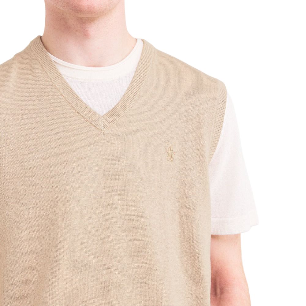 Polo Ralph Lauren Small Pony Logo Embroidered V-Neck Cotton Knit Vest Men Tops Beige 710742839-004