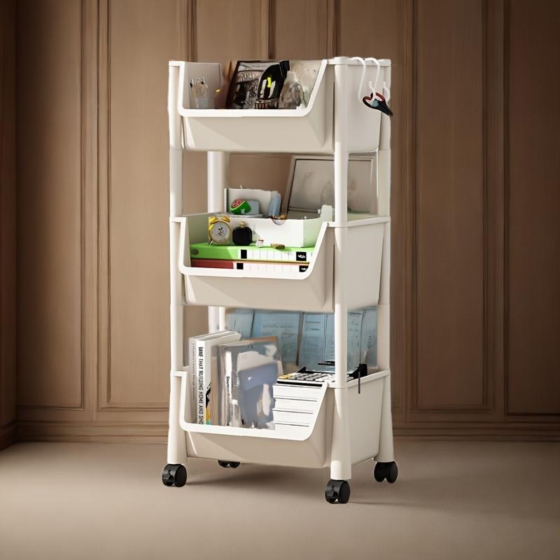 A 35 grade white plastic bookshelf with a movable desk and pen holder - modern style open bookshelf wheels for easy movement 1-5 Cells 1589₽