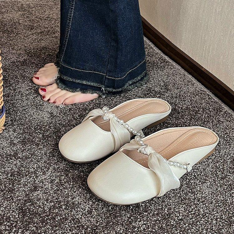 Baotou half slippers women's spring and summer 2025 new outer wear pearl fairy gentle and versatile flat-bottomed Muller cool slippers