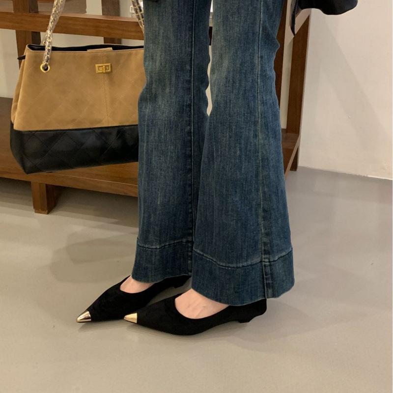2025 new French pointed metal head high heels women's suede thick heels slim temperament single shoes