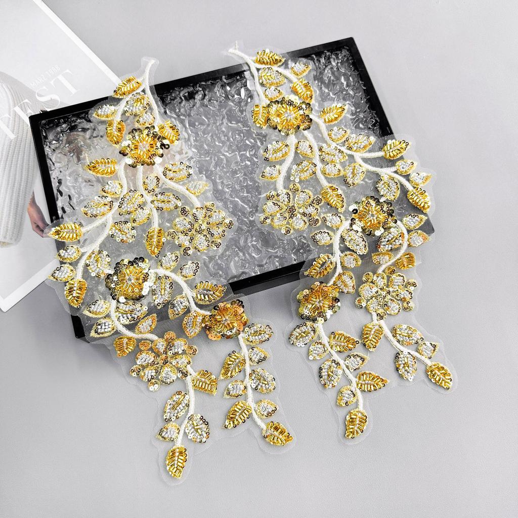 Gold Sequined Beaded Cloth Sticker Mesh Yarn Hollow Embroidery Applique Clothing Dress Performance Clothes To Flower Cloth Sticker Accessories