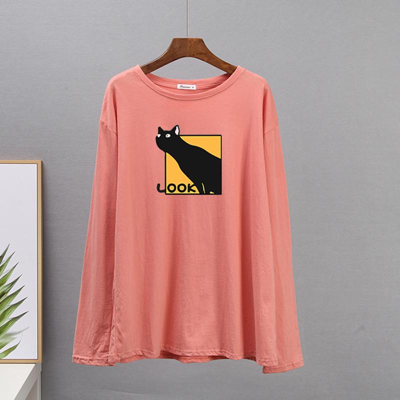 Hirsionsan Casual Loose T Shirt Women Spring New Simple Cute Cat O-neck Tees Female Fashion Long Sleeve All-match Tops for Girls