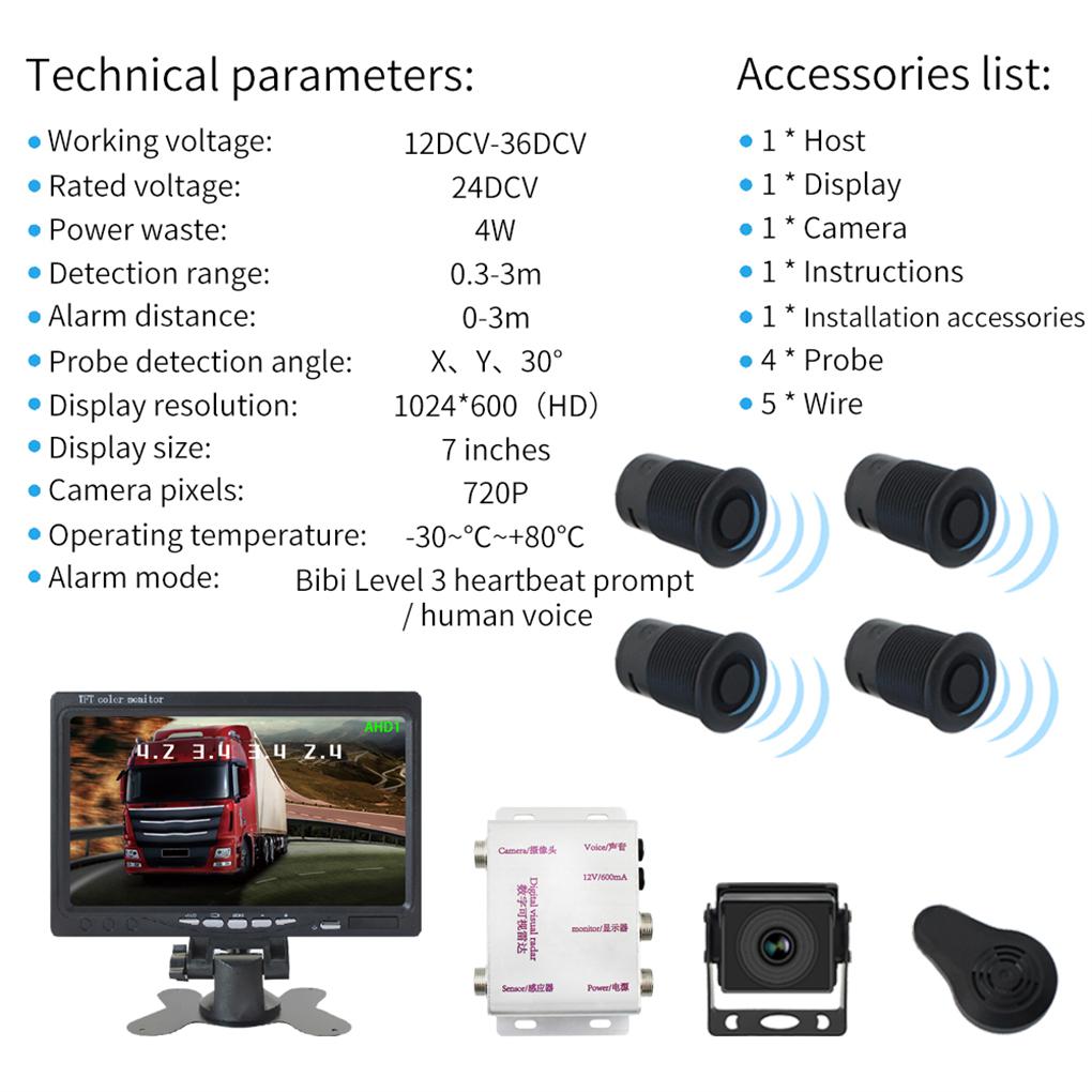 ABS 7Inch HD Visual Digital Moni-tor Radar System AHD Parking Sensor View Camera System Alarm