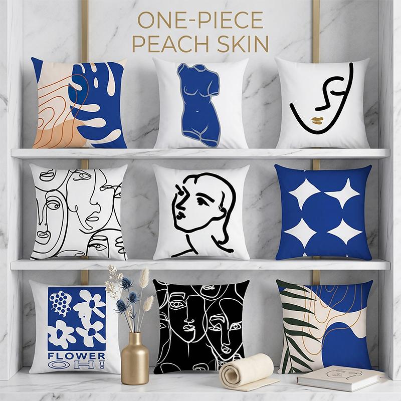 Blue White Minimalist Abstract Line Art Face Cushion Cover Throw Pillowcase Modern Home Decor For Sofa Couch Peach Skin 40X40