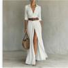 European and American style V-neck thin shirt skirt holiday style long split dress belt design sense