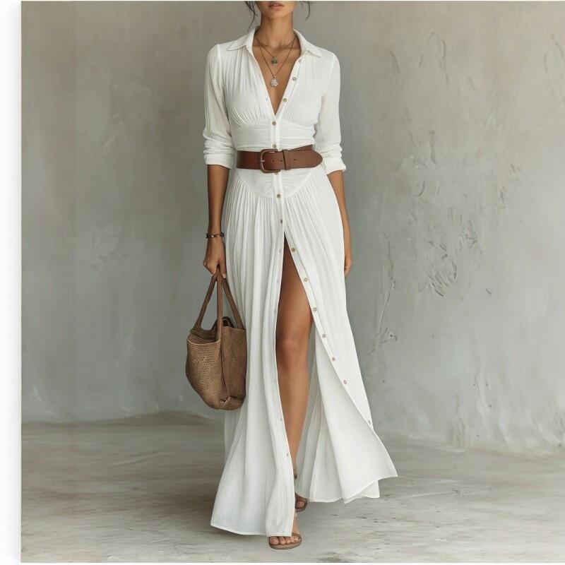European and American style V-neck thin shirt skirt holiday style long split dress belt design sense