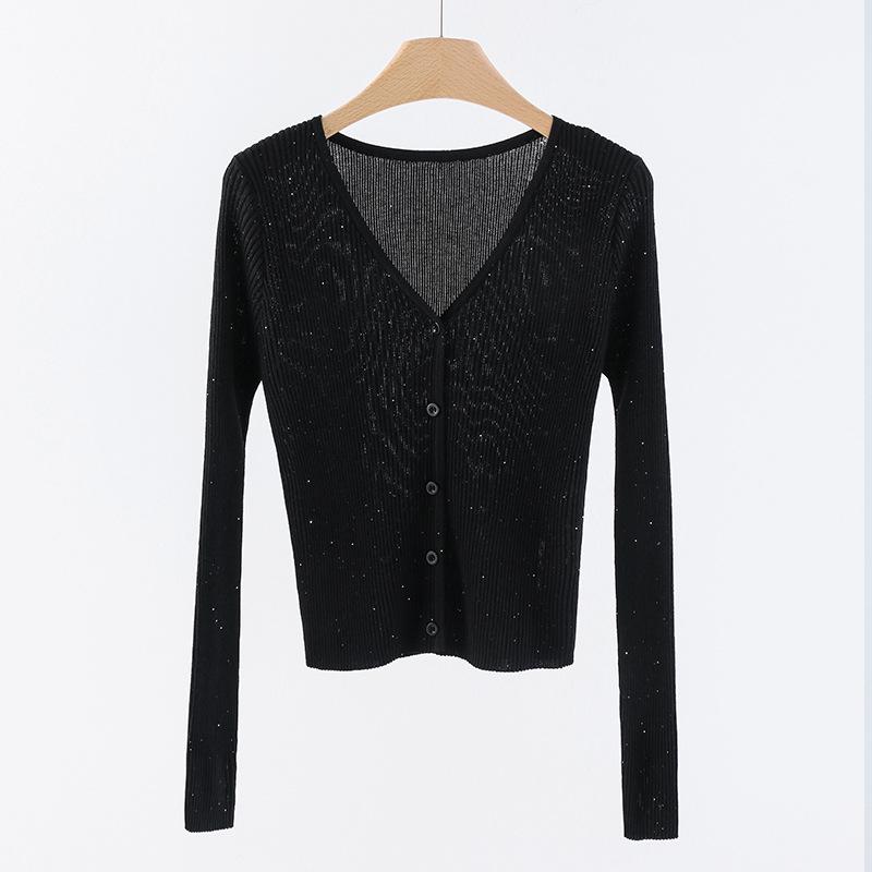 Women s V-Neck Sequin Knit Cardigan - Slimming Autumn Wool Sweater One Size чёрный