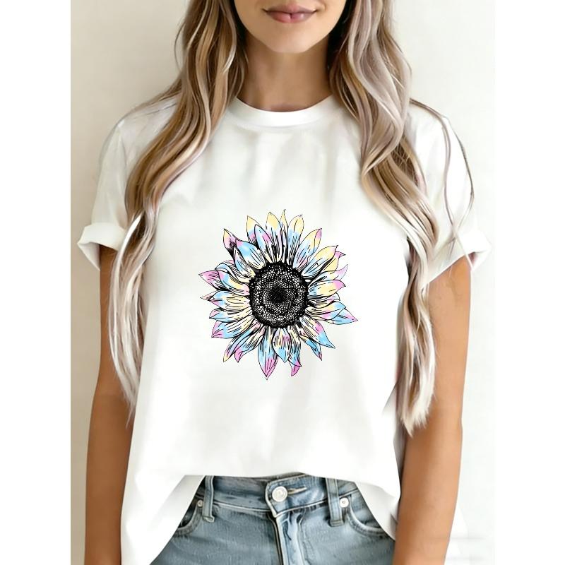 

White T Shirt With Colorful Sunflower Print For Casual Wear XXXXL білий