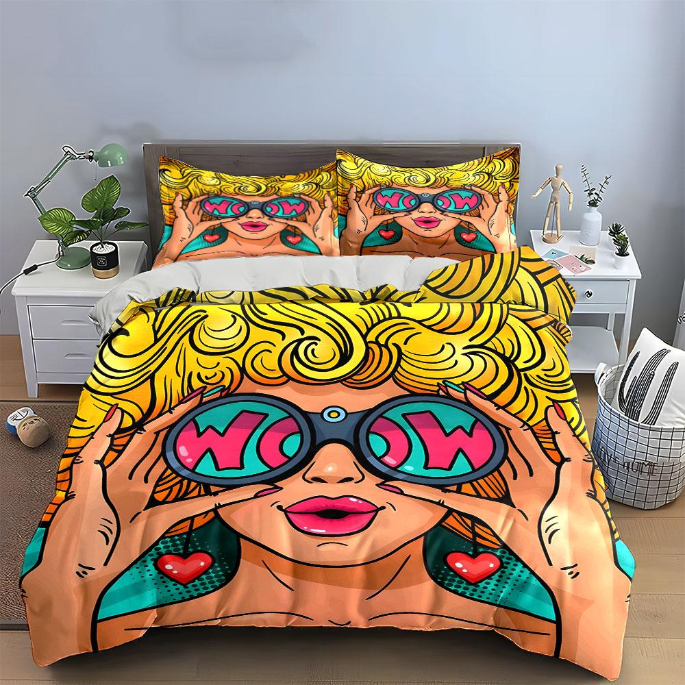 Pop Art Woman with WOW Glasses Bedding Duvet Cover Set (1*Duvet Cover 2*Pillowcases, without duvet insert)