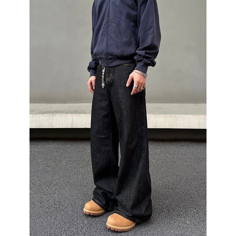 Blaexit American Retro Selvedge Denim Black Jeans for Men, Raw Denim Color Design, Straight-Leg, Slightly Flared Long Pants