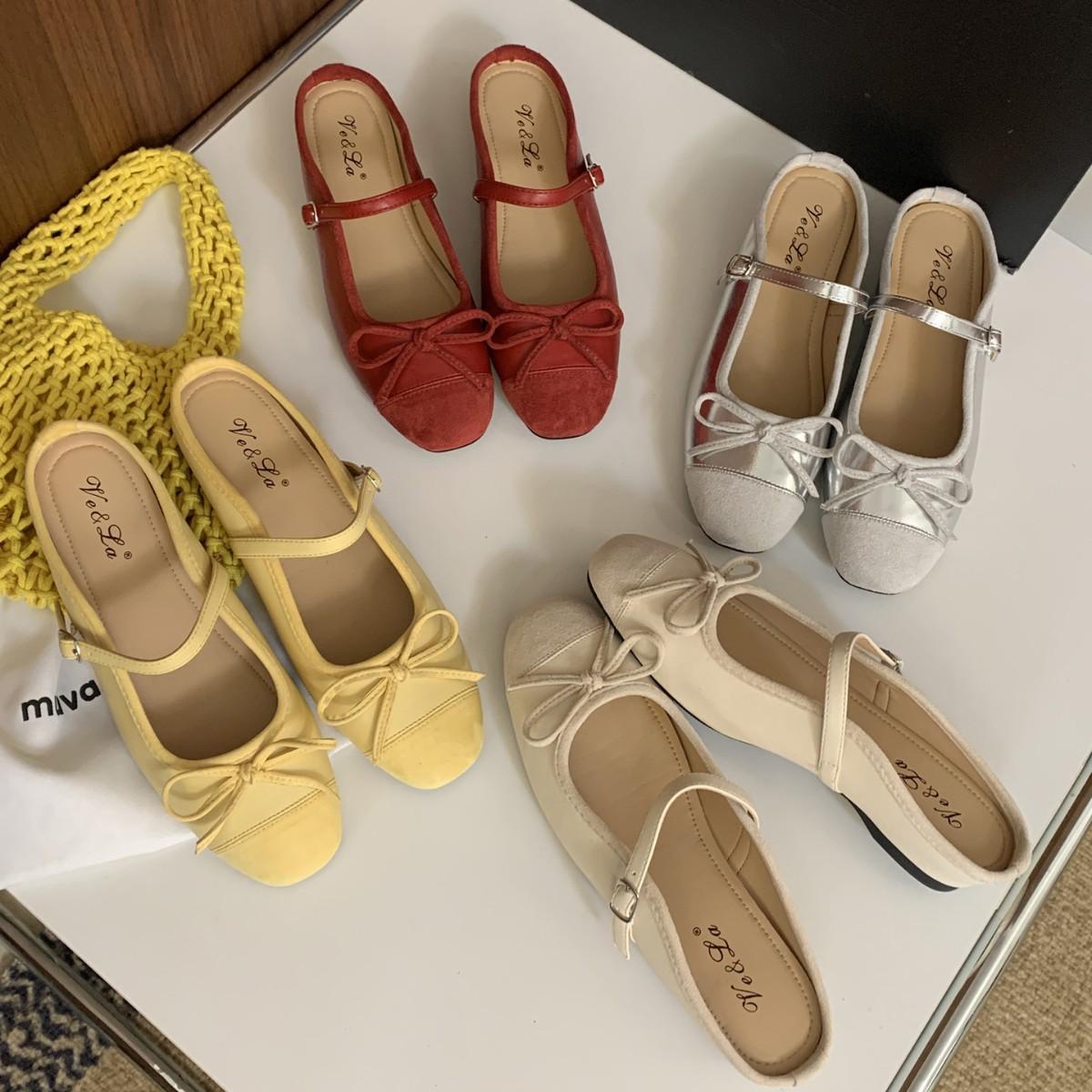 

2025 spring new inner height increase matte leather ballet shoes with bow gentle wind Mary Jane single shoes 39 жёлтый