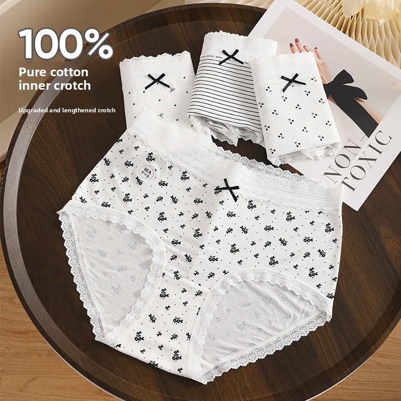 Big Size Female Spring and Summer Flower Lace Edge Pure Cotton 10a Extension Crotch Triangle Briefs