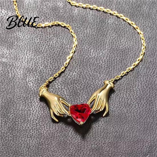 Vintage Style Alloy Necklace Hands Holding Heart Necklace Red Cubic Zirconia Meaningful Valentine Day Jewelry Gold-Tone Romantic Dainty for