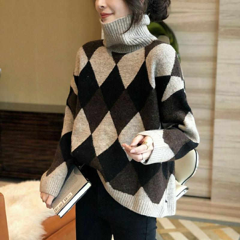 High Neck Sweater Pullover for Women Autumn and Winter Loose Fashionable Long Sleeve Casual Knit Sweater Pullover Female Tops