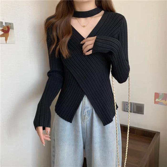 White Cross V-Neck Knit Sweater for Women - Slim Fit, Irregular Halter, Trendy Korean Style