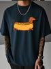 Unisex Summer Dark Green Short Sleeve Tee Funny Dachshund Hot Dog Cartoon Graphic Print Crew Neck Loose Streetwear Male Tops