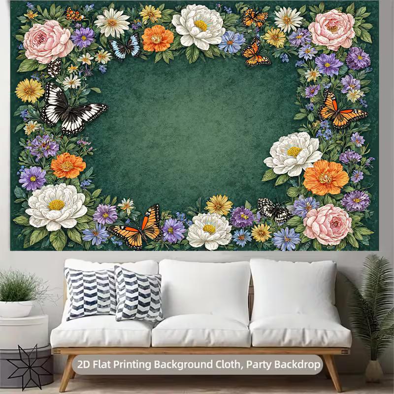 2D Vintage Flower Frame Backdrop Watercolor Blooms & Butterflies Photography Background Cloth