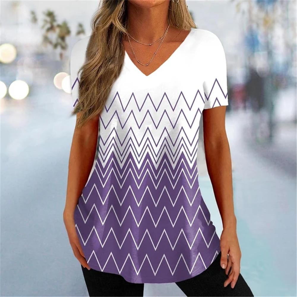 Simple Curve Digital 3D Print Fashion Women Tshirt Pullover Daily Suitable All Seasons Splicing Short Sleeves Polyester V-Neck