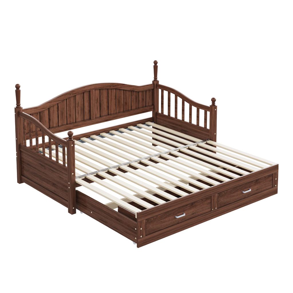 Extendable Sofa Bed 90/180*190 cm, with Roman Columns, Curved Backrest and Armrests, Drawers and Slatted Frame, Multifunctional Bed Pine Wood, Walnut