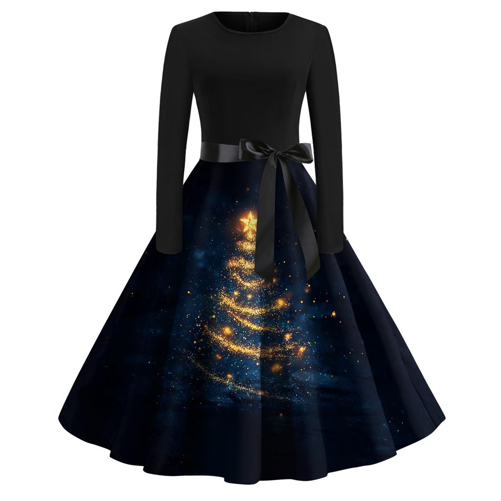 Dámské módní ležérní šaty s kulatým výstřihem a halloweenským potiskem s dlouhým rukávem