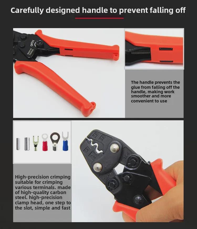 Taiwan Multi-Function Electrician Ratchet Crimping Pliers for Bare Terminals and Copper Nose Clamps.