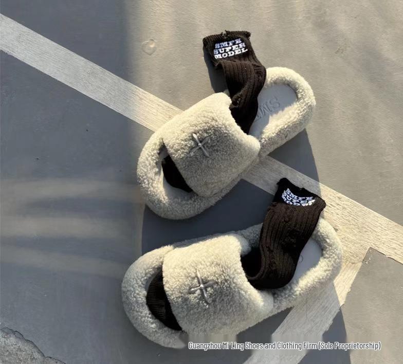 2024 High-Version SMF-K Fur Slippers: Thick-Soled Leather & Velvet Cross Design in Black/Gray