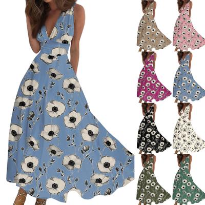 Damen Lässiges und Modisches Ärmelloses Kleid mit V-Ausschnitt und Blumenmuster Ärmelloses Kleid