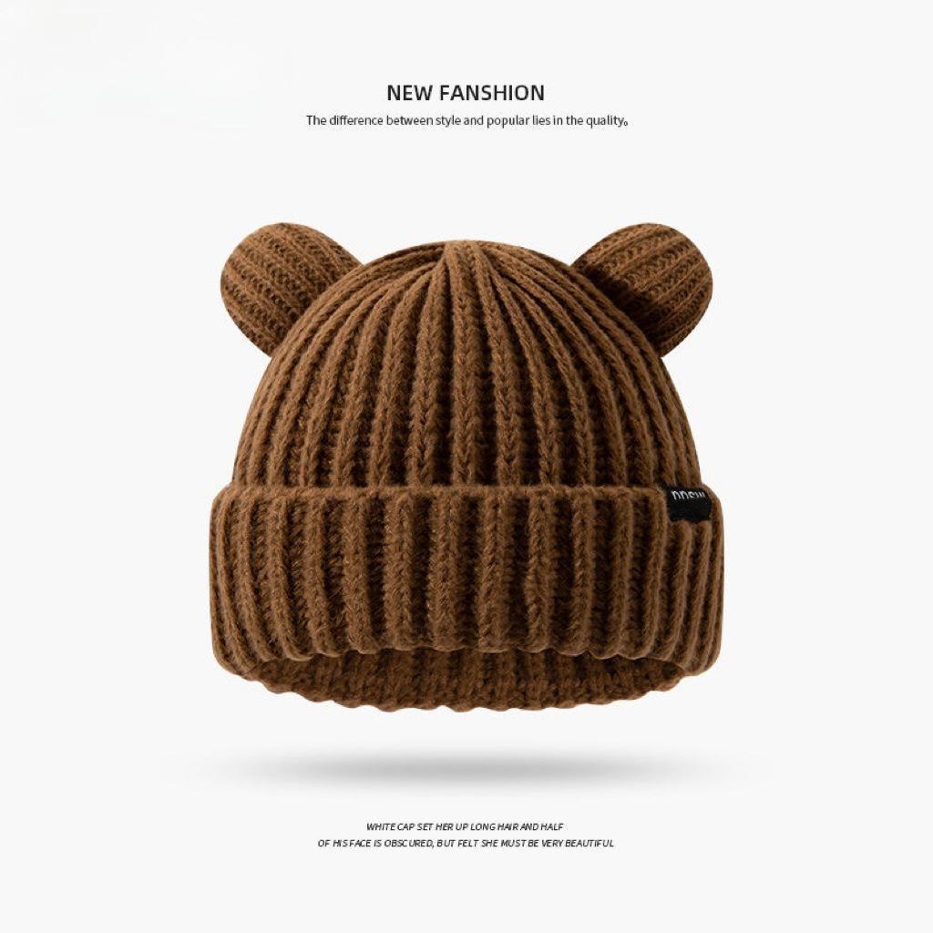 Gorro de malha de orelha de gato para mulheres, quente no outono e inverno, proteção de orelha espessada, fofo no inverno, pequeno gorro de lã para estudantes