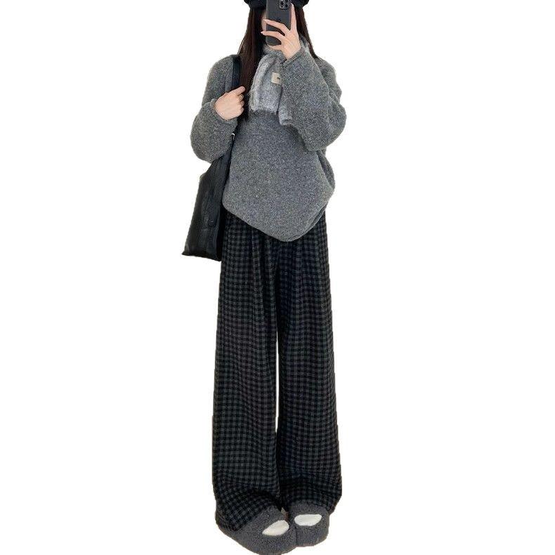 Women's High-Waisted Black Plaid Woolen Wide-Leg Pants - Fleece-Lined, Retro-Casual for Autumn/Winter