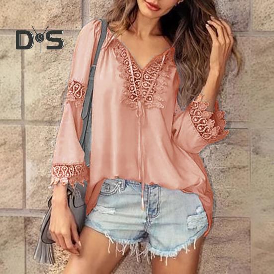 Women Tops V-Neck Embroidery Lace Trim Lace-up Long Sleeve Pullover Tops Solid Color Loose Fit Casual Style Shirt