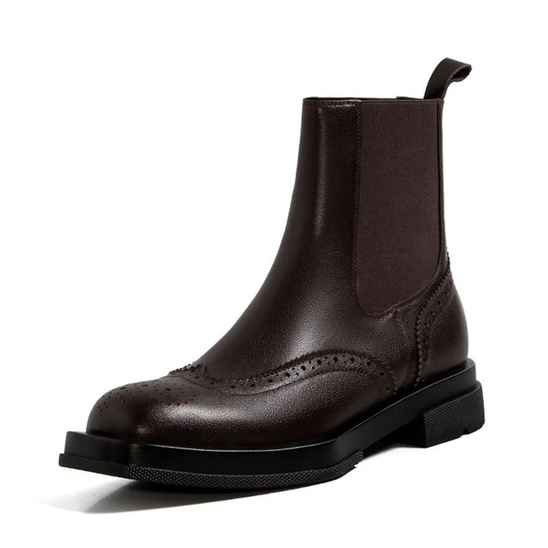 Mote Hot Ekte Skinn Dame Støvletter Vinter Slip-On Utskårne Brogues Chelsea Støvletter Tykk Hæl Ankelstøvletter Damesko Britisk Stil