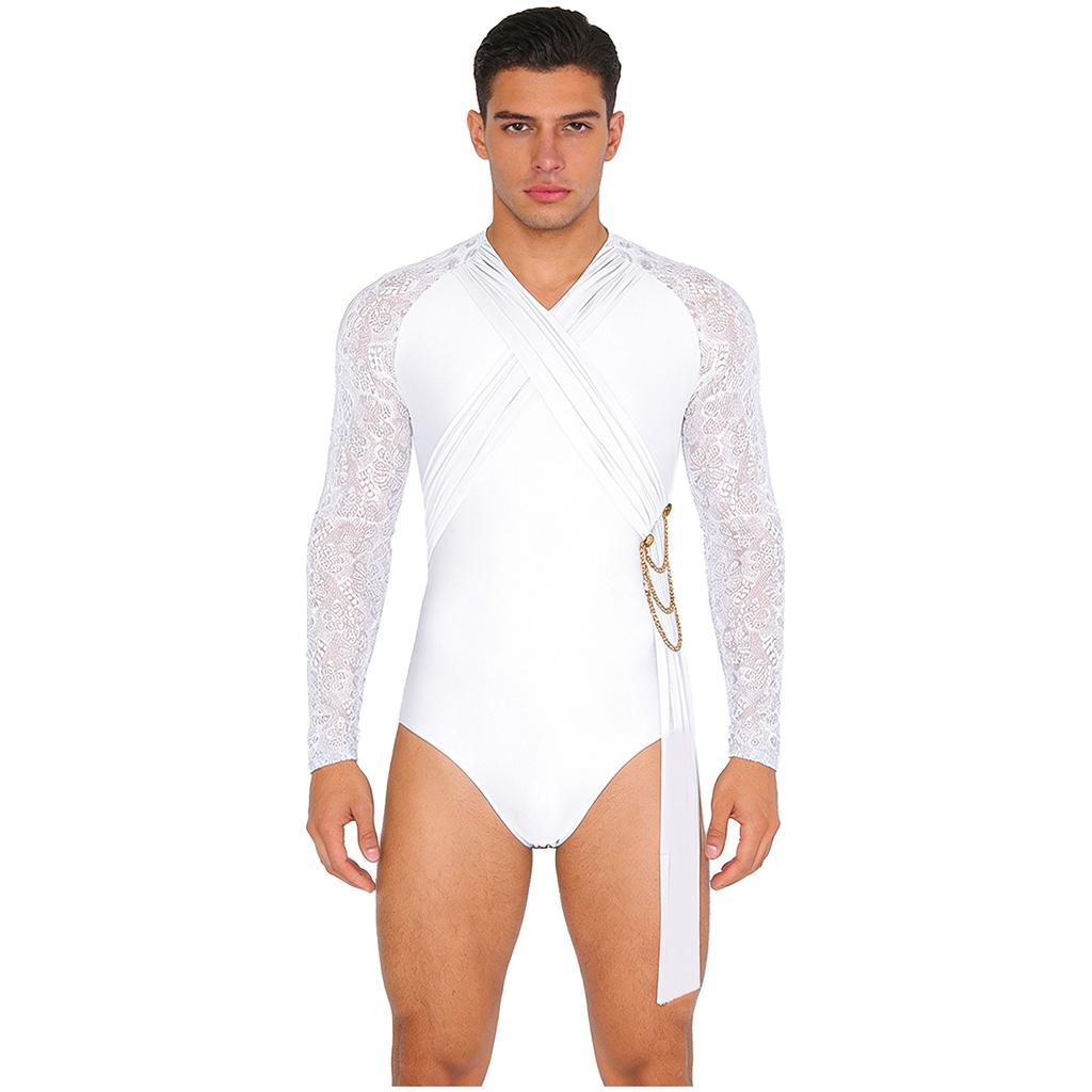 Mens Latin Dance Wear Floral Lace Long Sleeve Ruched Mesh Layer Chain Tassel Button Crotch Leotard