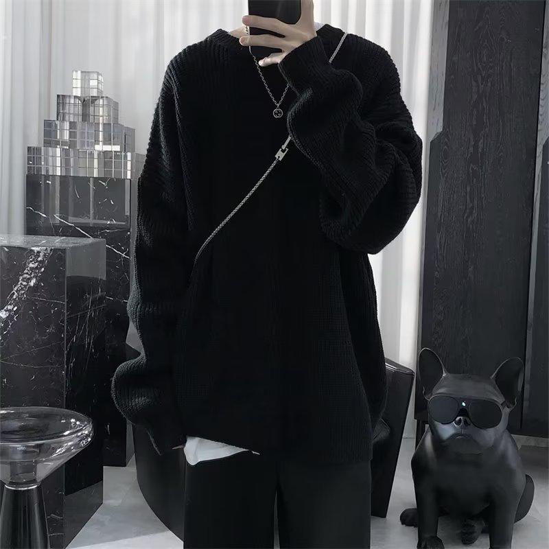 

Хлопчачий светр вільного крою з круглим вирізом у японському ретро стилі - однотонний, модний стиль осінь/зима 2XL чорний