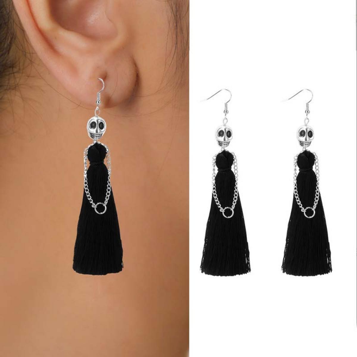 

Creative Halloween Wearing Black Tassel Skeleton Drop Earrings Punk Skull Dangle Earring Gothic Statement Jewelry For Women Men