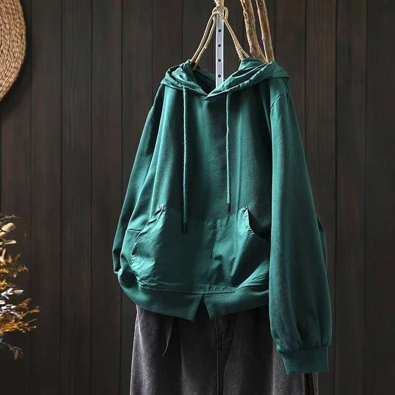 Johnature Women Vintage Hooded T-Shirts Solid Color Patchwork Pockets Autumn Long Sleeve Loose Casual T-Shirts