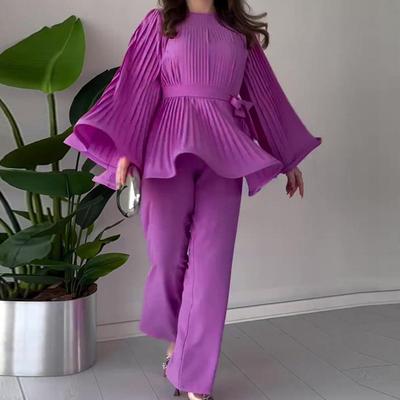 2 Τμχ/Σετ Γυναικείο Τοπ Παντελόνι Πλισέ Μανίκια Κάμπανα Δέσιμο με Κορδόνια Φιόγκο Στενή Μέση Μεγάλο Φαρδύ Στρίφωμα Μπλούζα με Στρογγυλή Λαιμόκοψη Παντελόνι με Φαρδύ Πόδι Μονόχρωμο Ο