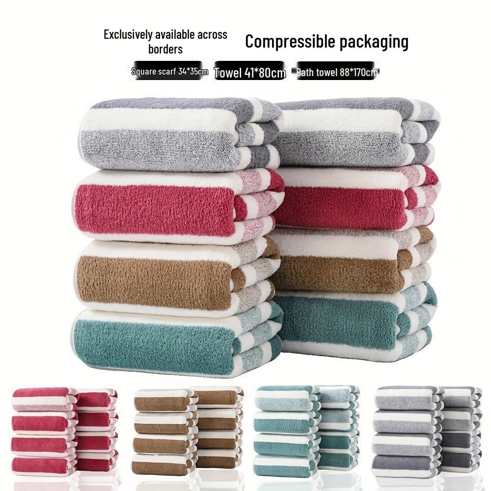 Absorbent Quick-Drying Coral Fleece Towel - Soft, Lint-Free, Striped, for Face Washing, Bathing, Household Use