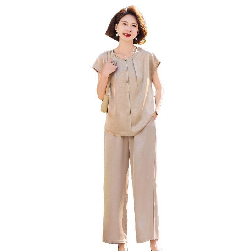 Chic Summer Short Sleeve Set for Middle-Aged & Elderly Women: Stylish Two-Piece with Wide Leg Pants
