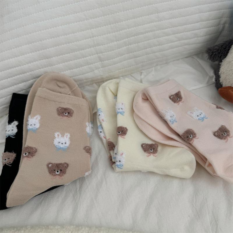 Cute Little Rabbit and Bear Mid-calf Socks, Girls' Cartoon Trendy Casual Cotton Socks, School Style Socks