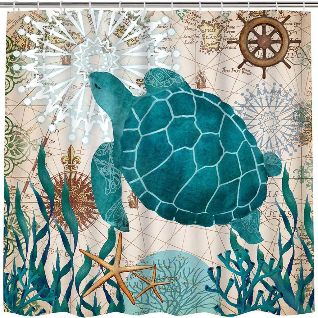 Coastal Marine Shower Curtain: Dolphin, Starfish, Seahorse, Seashell, Sea Turtle - Moisture-Proof, Mildew-Resistant, Waterproof, Beach Bathroom Décor