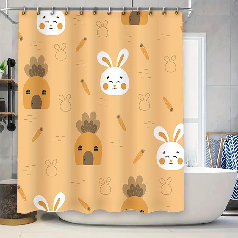 

Adorable Cartoon Bunny Rabbit Carrot Shower Curtain For Bathroom Decor Peach Color With White Trim | W60H190(CM)-1 Pcs