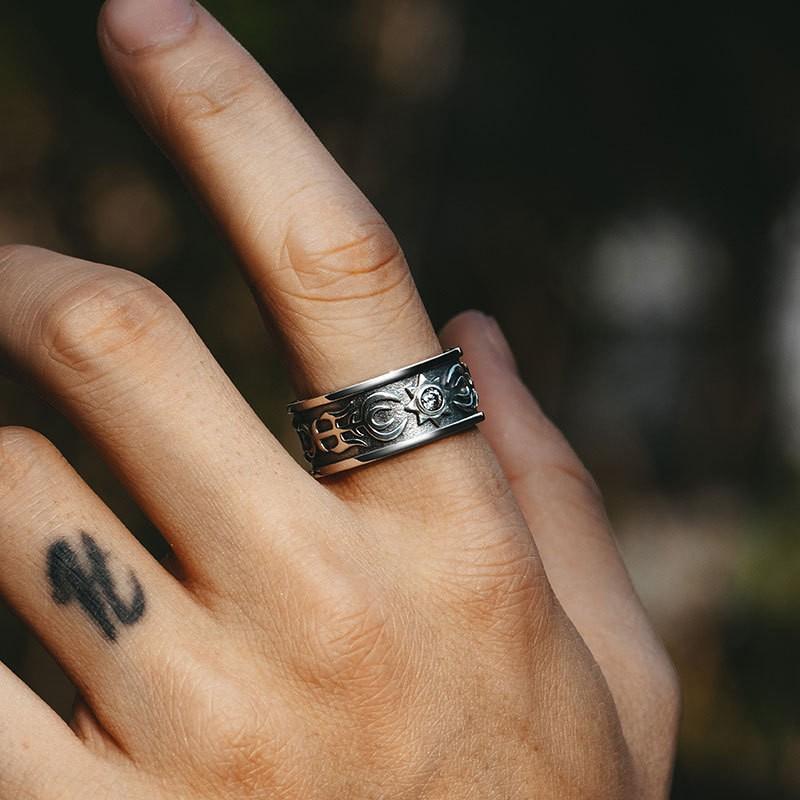 Adjustable Open Ring Men Women Vintage Sun Relief Carved Geometric Plated Statement Band