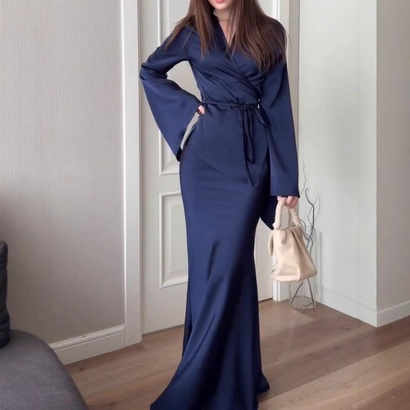 Womens Elegant Blue Long Sleeve Wrap Waist Skirt Set Casual Office Outfit Fall