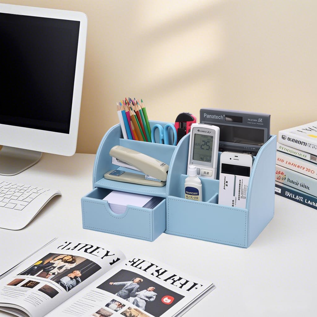 KINGFOM PU Leather Desk Storage Desktop Organizer with Stationery Remote Item Stylish Box/Case, Drawer, Pen/Pencil Holder, Stand, Control/Small